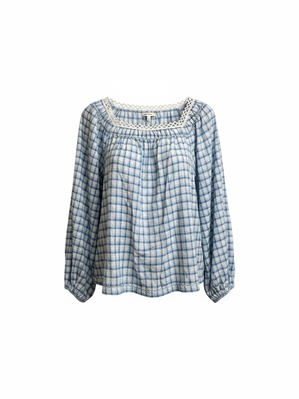 NWT Max Studio Light Blue Gingham Checked Peasant Top with Lace Trim